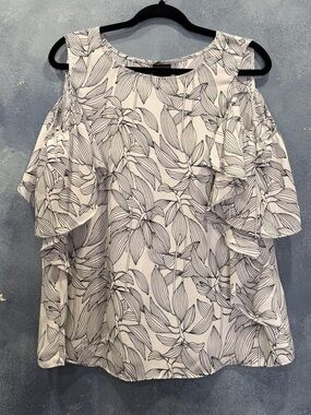 Worthington White & Black Leaf-Print Cold-Shoulder Blouse L